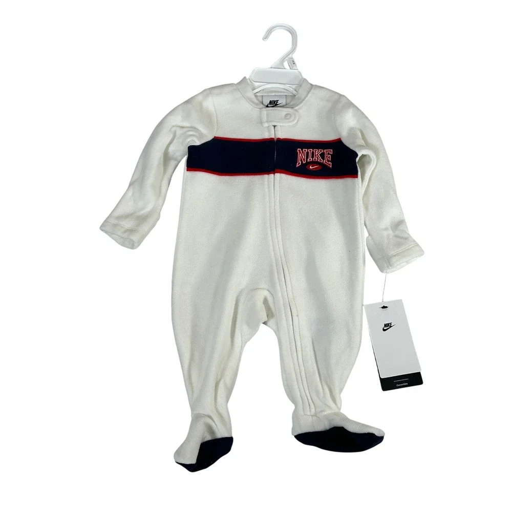 Nike Baby Fleece Footed Coverall Sail White Navy Red 3M 56N255-782 NWT